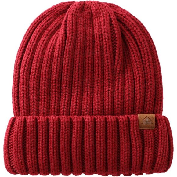 Men Red Ribbed knit Beanie Hat With Cuffed Brim and Small Leather Logo Patch - Picture 2 of 8